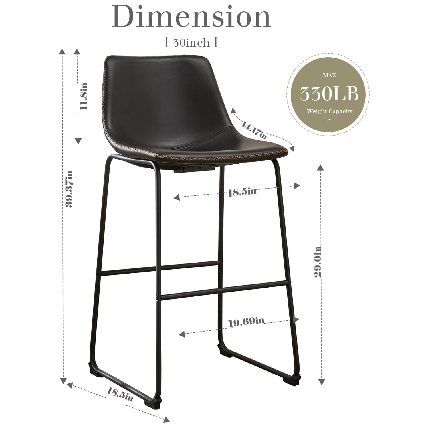 MAYEERTY 30 Inch Barstools High PU Leather Counter Bar Stool with Back and Footrest Set of 2, Black