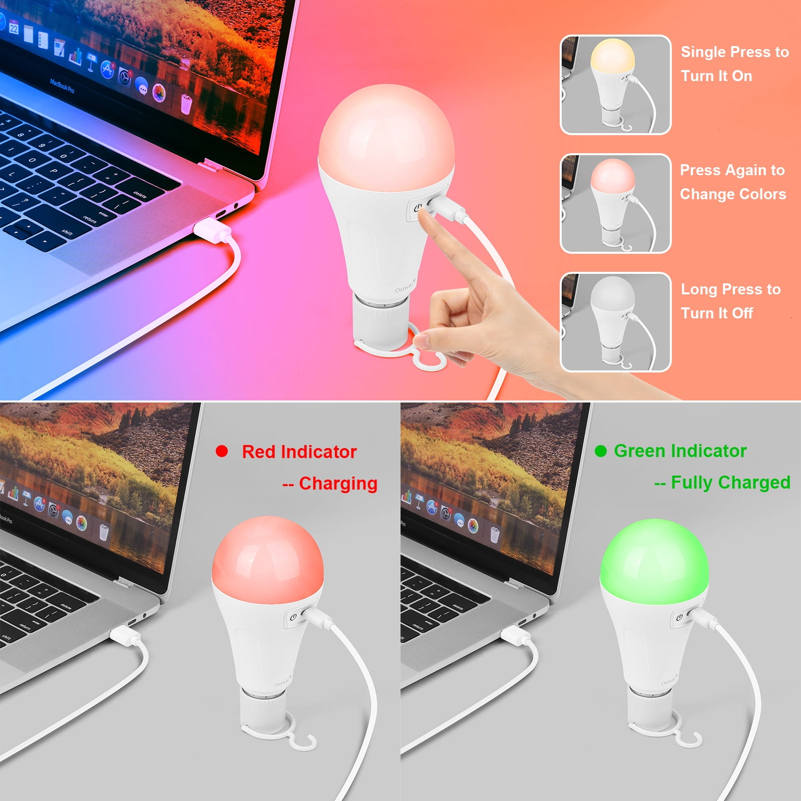2PK 5200mAh Rechargeable Light Bulbs with Remote E26 Battery Operated Light Bulb for Lamps and Sconces,Dimmable Wireless Emergency Light Bulbs with Hook,3 Color Temperatures & 12 RGB Color Changing