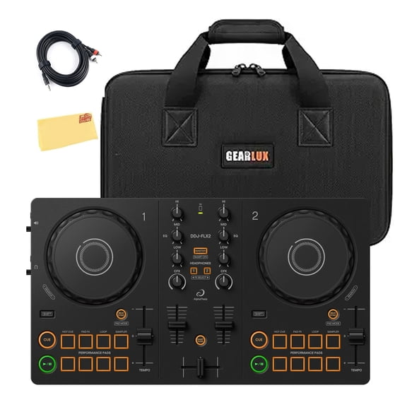 Pioneer DJ AlphaTheta DDJ-FLX2 Compact 2-Channel DJ Controller Bundle with Case, TRS Cable, and Austin Bazaar Polishing Cloth