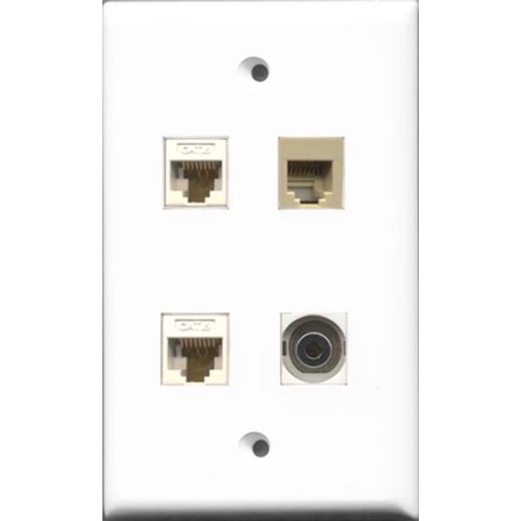 RiteAV 1 Port Phone RJ11 RJ12 Beige and 1 Port 3.5mm 2 Port Cat6 Ethernet White Wall Plate