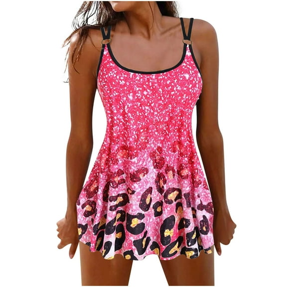 Edvintorg Vintage Leopard Print Swimsuit for Women Athletic Tankini Tank Top with Bottom Two Piece Bathing Suits Modest Swimwear Back Criss Cross Adjustable Straps
