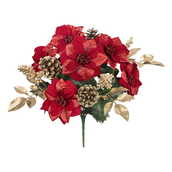 18-inch Artificial Silk Red & Gold Pointettia Mixed Holiday Bouquet, for Indoor Use, by Mainstays
