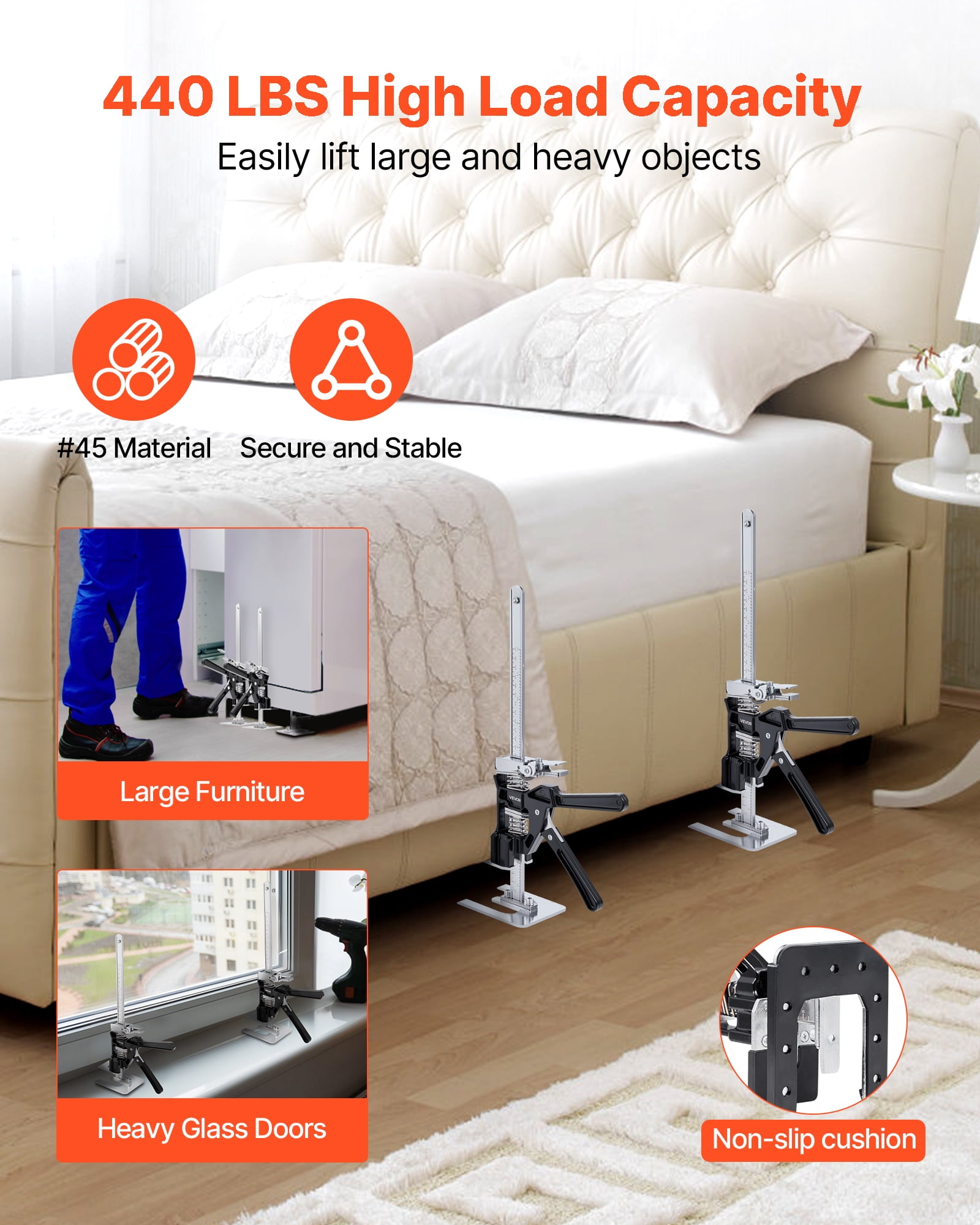 VEVOR Labor Saving Arm Jack, 2 PCS 440 lbs Bearing Capacity, Lifting up to 9.3", Metal Hand Lifting Jack Tool with Magnetic Level, 2 Adjustment Modes, for Door, Window, Furniture, Woodworking, Black