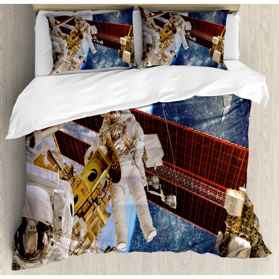 Outer Space Decor King Size Duvet Cover Set, International Station Scenery Science Deep Dark Matter Search on Earth Design, Decorative 3 Piece Bedding Set with 2 Pillow Shams, Multi, by Ambesonne