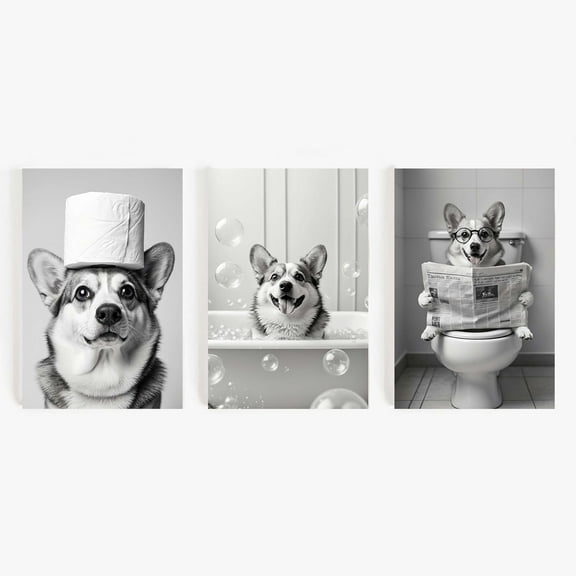 Hieng Corgi dog canvas painting in bathroom funny dog ​​poster cute animal wall decor for restroom farmhouse or guest bathroom playful pet artwork