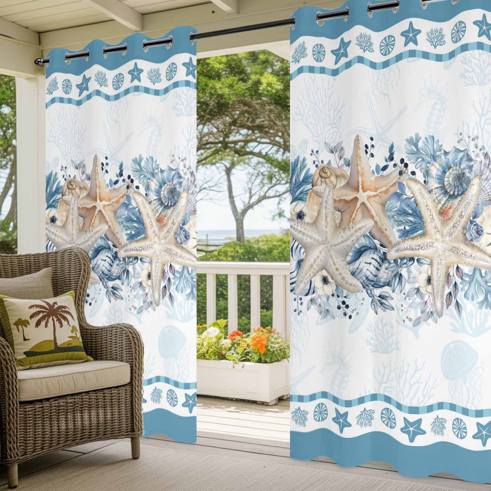 Blue Coastal Outdoor Curtains for Patio, Eucalyptus Leaves Starfish Shells Summer Sunshade Privacy Drapes Grommet Waterproof Outside Curtains for Porch/Cabana/Balcony 54"x 108", 1 Panel