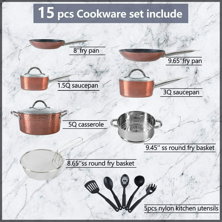 15 Piece Hammered Cookware Set Nonstick Granite Coated Pots and