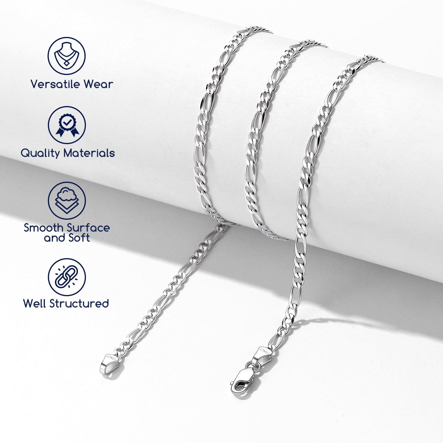 Suplight Solid 925 Sterling Silver 3mm/5mm Figaro Chain Necklace, Jewelry Gift for Men Women