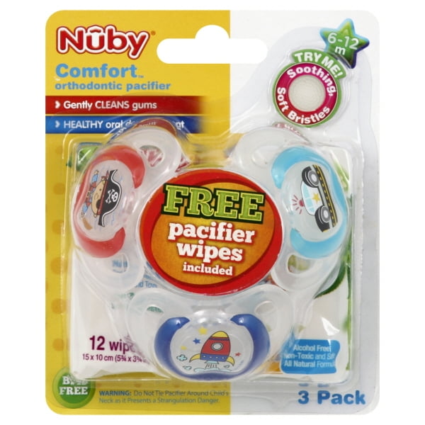 Nuby 6+ Months Comfort Pacifiers with Free Wipes, 3 Pack