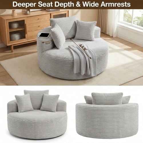 55-Inch Oversized Round Chaise Lounge Chair, Modern Corduroy Boneless Floor Sofa with 3 Pillows, Deep Seat Circular Couch for Living Room, Bedroom & Movie Room, Light Gray