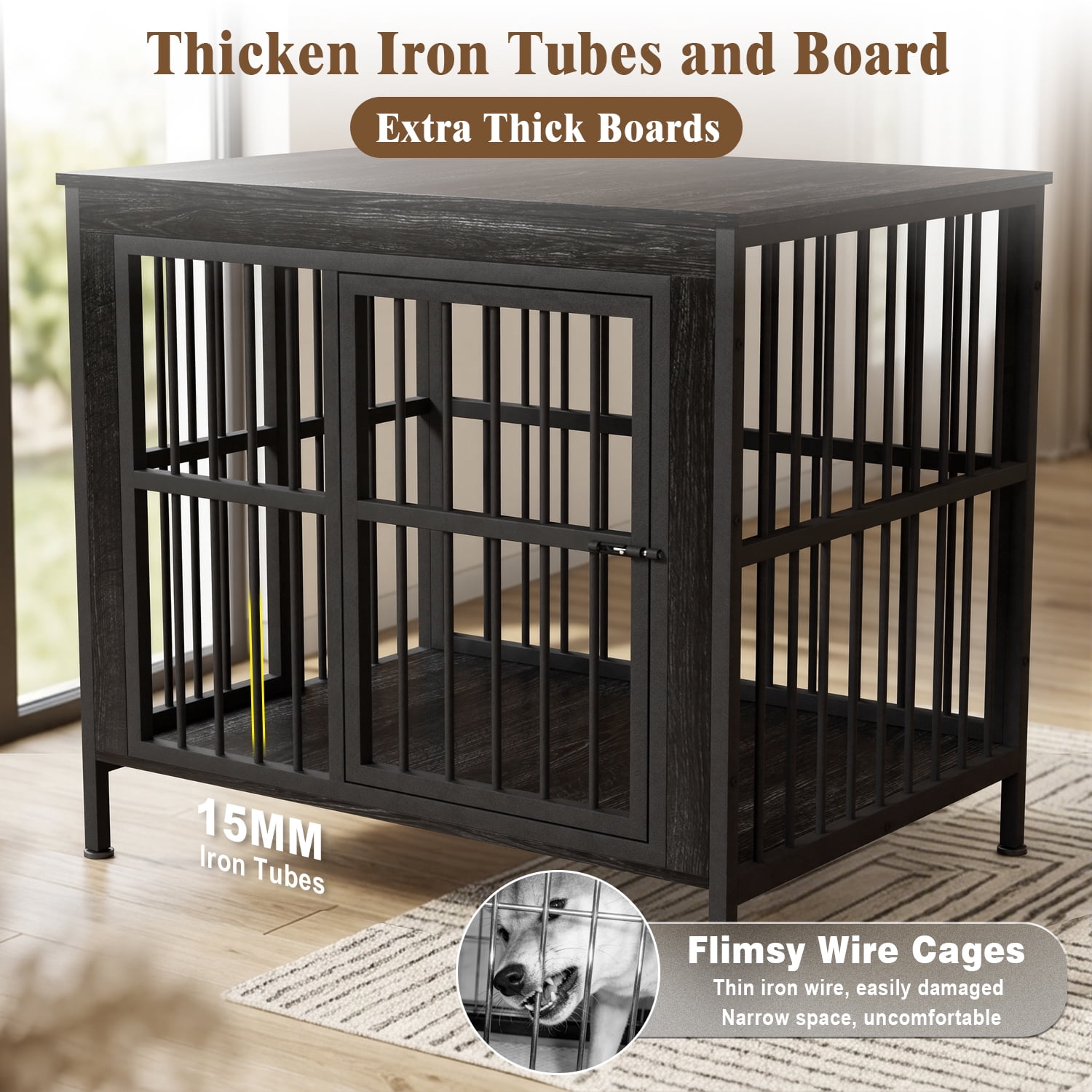 Ironovahome 40" Dog Crate Furniture for Medium/Large Dogs, Heavy Duty Wooden Dog Crate with Double Doors & Safe Locks, XL Large Indoor Dog Kennel Pet House, Black