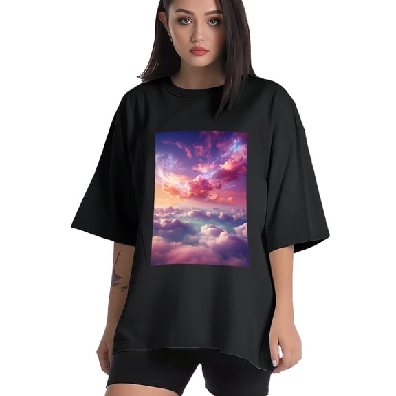 Plus Size Shirt for Women Black Tops for Women Short Sleeves Shirt for Women Beautiful Heavenly Sky T Shirt Crewneck Shirt for Women XS