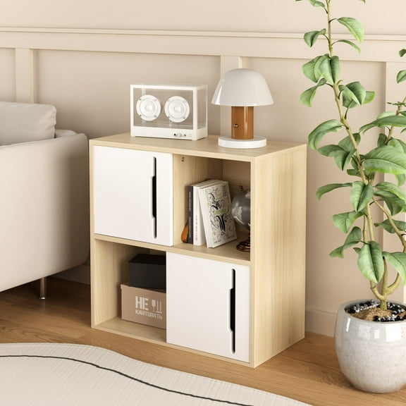 Noble House Modern Wooden Storage Cabinet with Sliding Doors, 2-Tier Open and Closed Shelves Organizer, Natural White