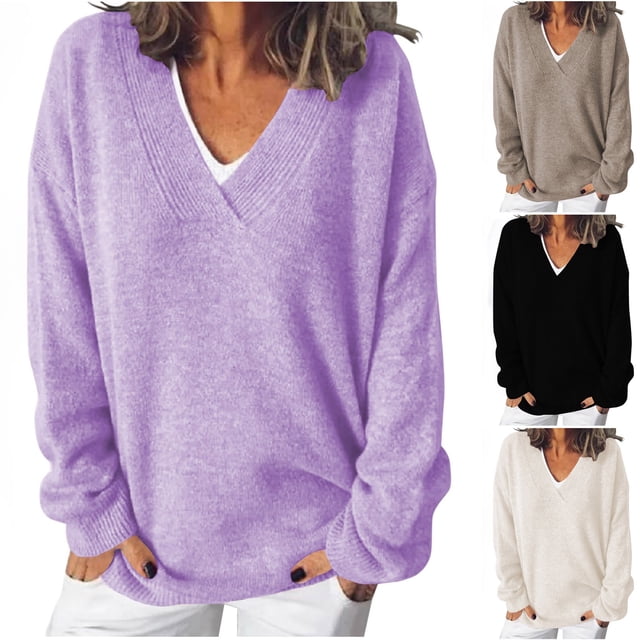 Sentmoon Sweater V Neck Lightweight and Warm Knitted Long Sleeve Outfits Solid Color Plus Size Loose Cute Tops Active Fall and Winter for Weekend Breakfasts Beige XXL