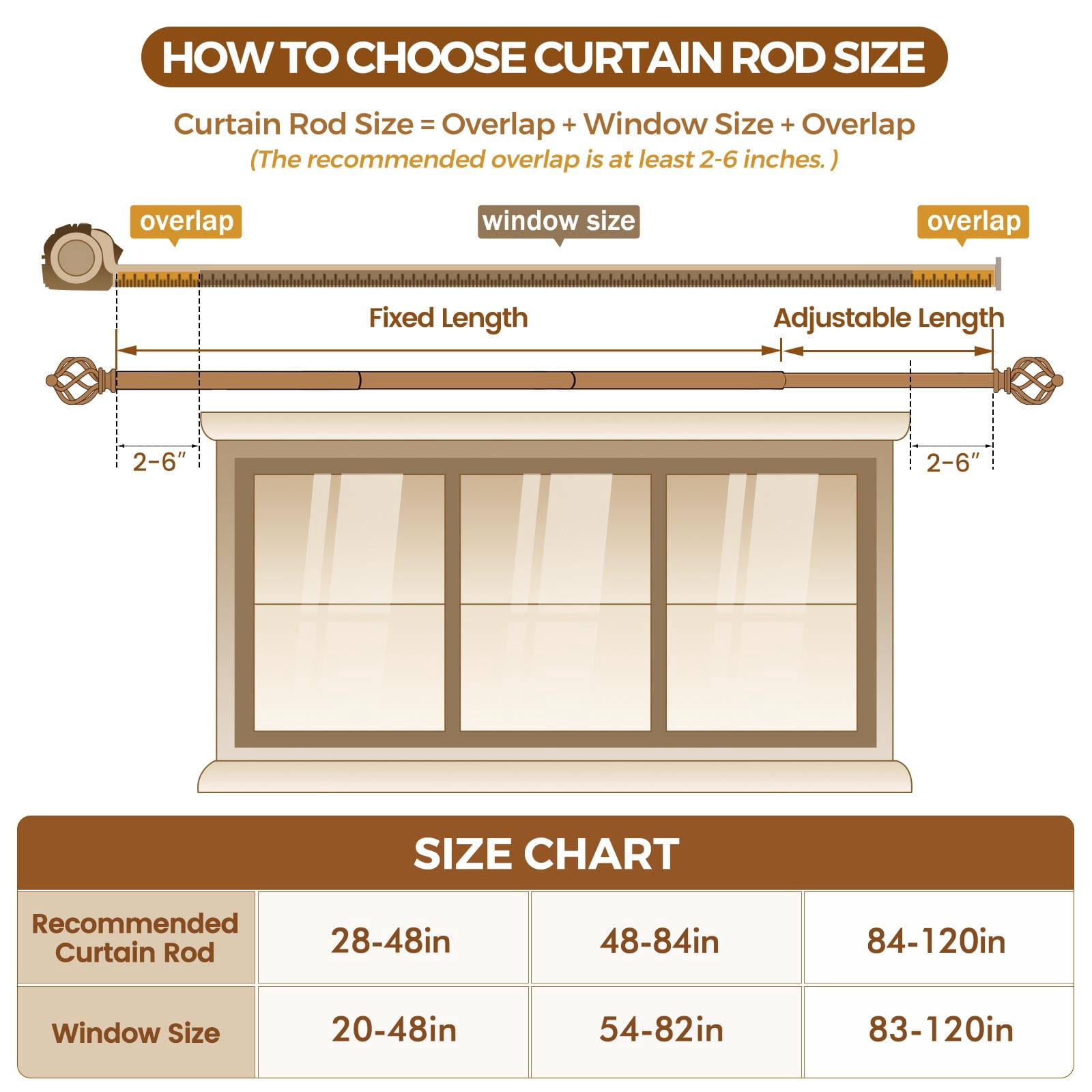 KAMANINA 3/4" Adjustable Single Curtain Rod with Twist Cage Finial, 48 - 84", Bronze