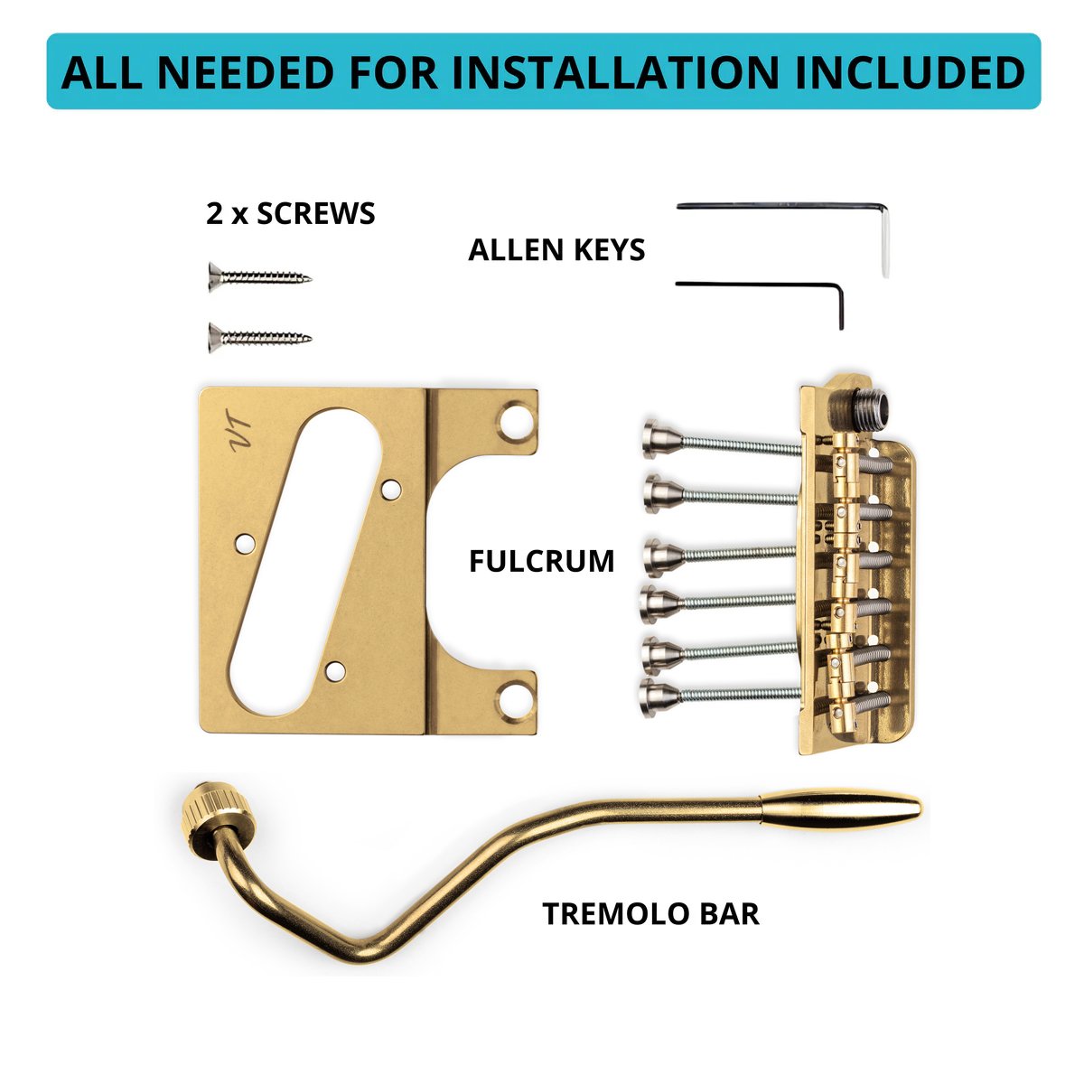 Vega-Trem VT2ND TeleTrem Classic Gold w/out Logo  No-Drill Tremolo for Telecaster-Style Guitars Classic 71 mm Layout, Patented 3-Pair Independent Brass Saddles, Tension-Adjustable