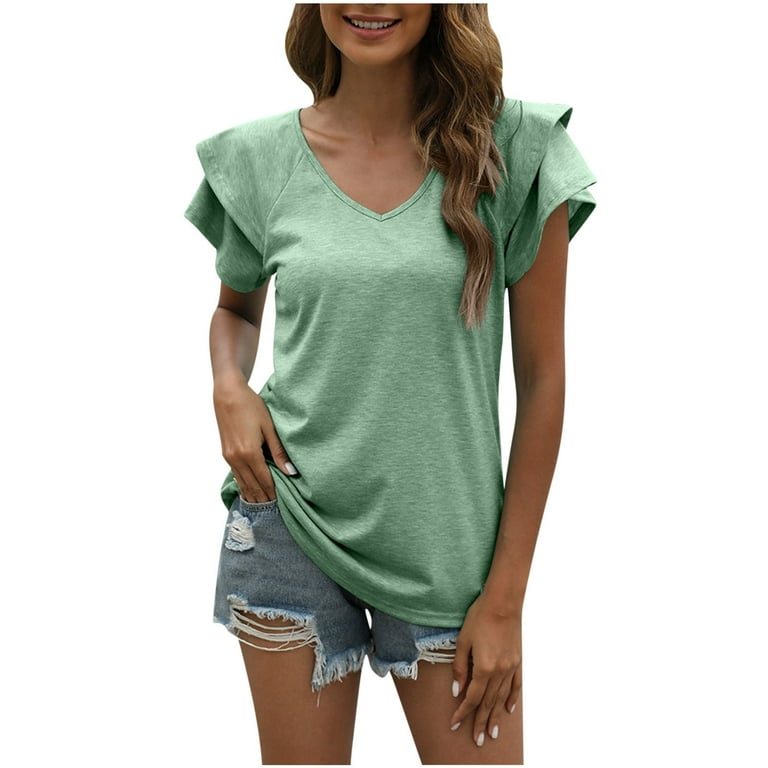Bigersell Women's T-shirts Women's V-Neck Solid Color Short Sleeve Lapel  Tops Big & Tall Lace Sweetheart Short Sleeve Cute Tops Summer Style B23922,  Green M 