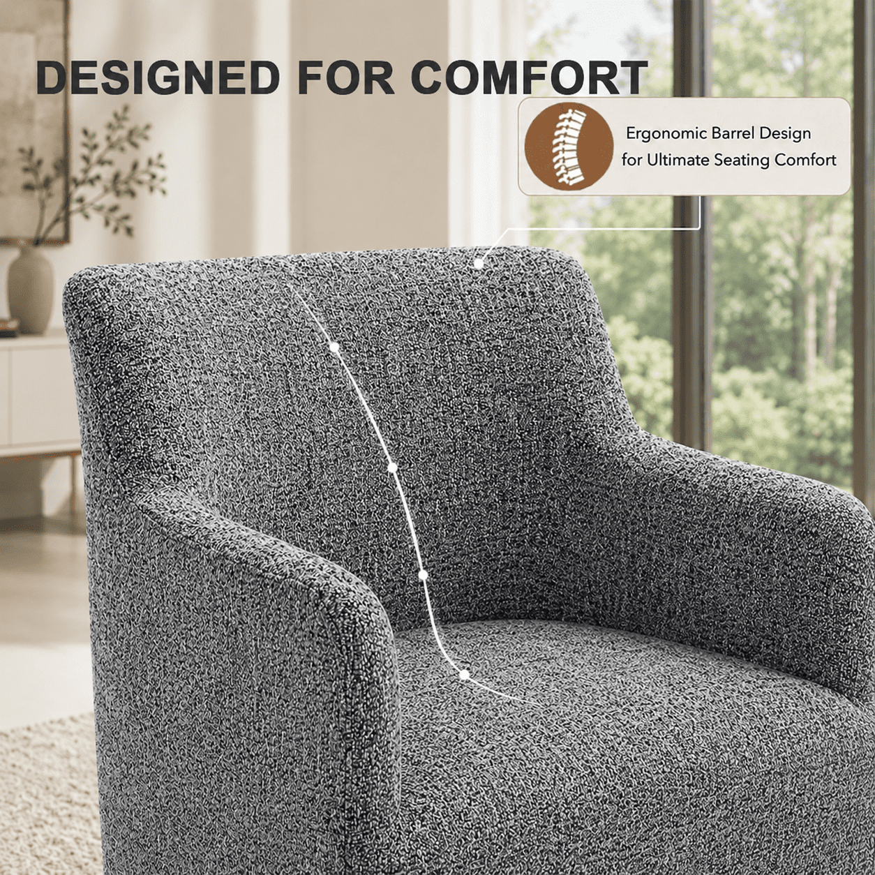 Aenkyo Upholstered Dining Arm Chair with Casters, Barrel Back Rolling Accent Chair, Pewter Gray