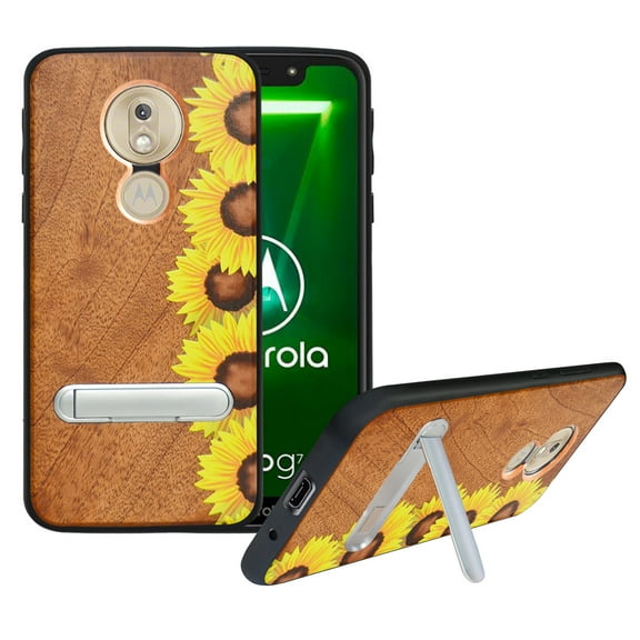 Labanema Motorola Moto G7 Play Case, Motorola Moto G7 Play Cover with Metal Kickstand, Natural Wood TPU Cover, Anti Scratch Case for Motorola Moto G7 Play (Sunflower)