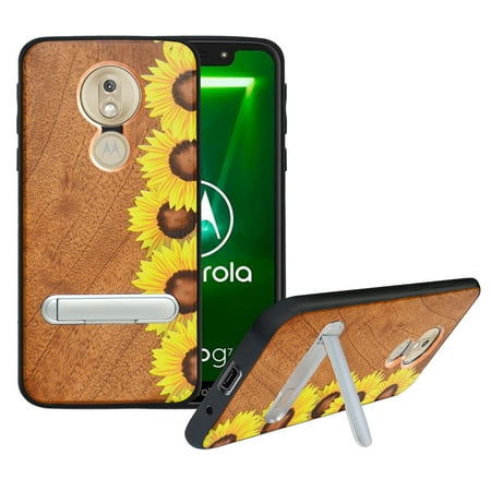 Labanema Motorola Moto G7 Play Case Motorola Moto G7 Play Cover with Metal Kickstand Natural Wood TPU Cover Anti Scratch Case for Motorola Moto G7 Play (Sunflower)