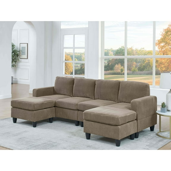 U Shaped Sectional Sofa,6-Seats Modular Corduroy Sofa Couch with Ottoman for Living Room,Camel