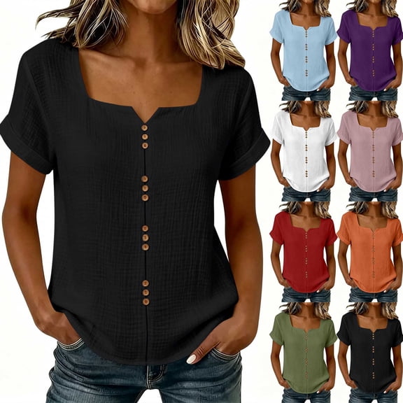 ClodeEU Women's Square Neck Short Sleeve Henley T-Shirt,Casual Solid Color Button Front Top Army Green,Women's Plus L