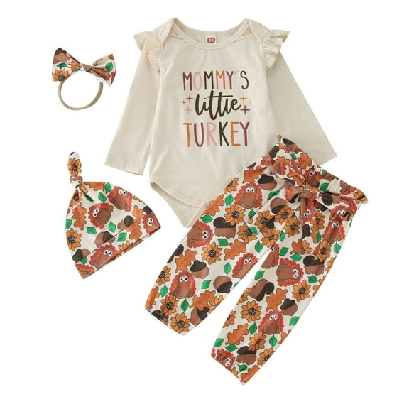 WeeBloom Thanksgiving Baby Girl Outfit Kids Autumn Cotton Long Sleeve Pants Romper Bodysuit Headbands Hat Clothes Girls Outfits,Beige 6-12 Months
