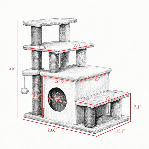 Adjustable Cat Stairs Scratching Post & Toy Ball, 3/4-Step Design, for Bed & Sofa, Beige