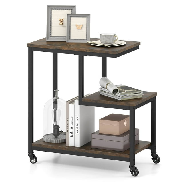 Costway 1 PCS Modern G-Shaped End Table with Storage Shelves & Lockable Casters for Living Room Brown