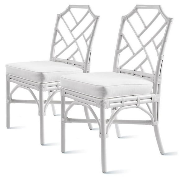 Pemberly Row 21" Coastal Rattan & Fabric Chair in Off White (Set of 2)