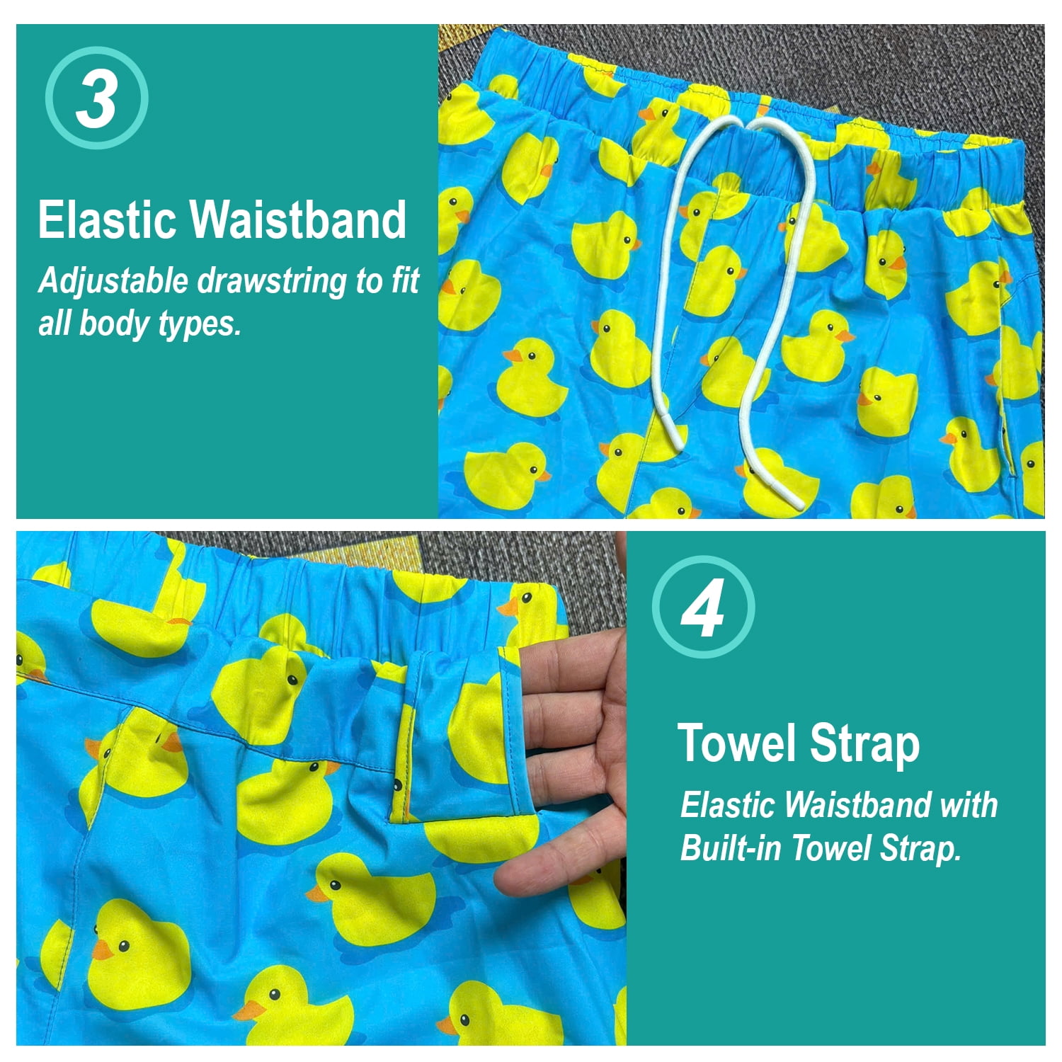 Men’s 2-in-1 Swim Trunks with Compression Liner, Quick-Dry Stretch Fabric, Drawstring Waist, and Pockets - Beach, Swimming, and Active Wear - Duck S