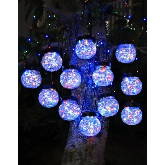 Solar Lights Outdoor Waterproof 12 Pack, Solar Powered Hanging Lantern Cracked Glass Hanging Globes for Yard Decor Christmas Decoration Garden Tree Ornaments, RGB