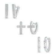 3 Pairs Set 1/10 Cttw Diamond Chevron Cross Beaded Huggies Earrings 925 Silver