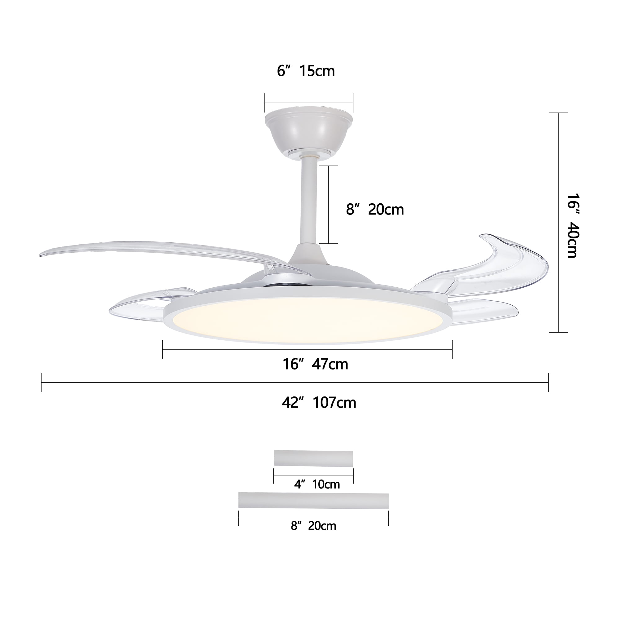 42 Inch Ceiling Fan with Light and Remote Control Retractable Blades Dimmable 3-Color White