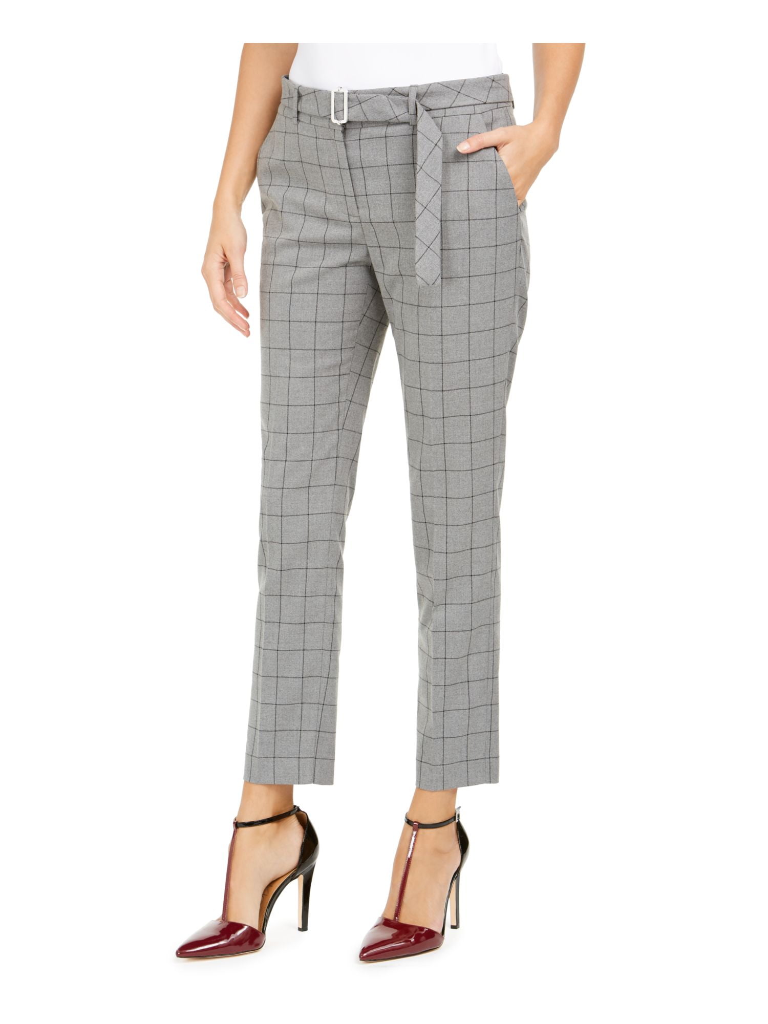 CALVIN KLEIN Womens Gray Belted Zippered Plaid Wear To Work Straight leg  Pants Petites 8P 