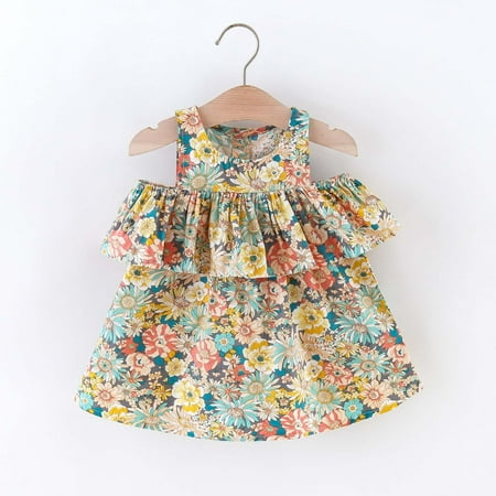 

Leutsin Summer Toddler Baby Girls Floral Print Cotton Dress Ruffled Drop Shoulder Dress