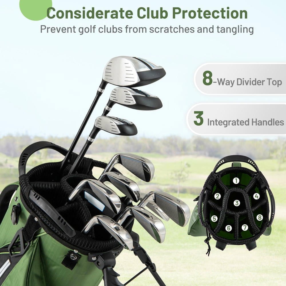 Resenkose Lightweight Golf Stand Bag, Portable Golf Bag with 8-Way Divider and 5 Practical Pockets for Easy Course Transport - Green