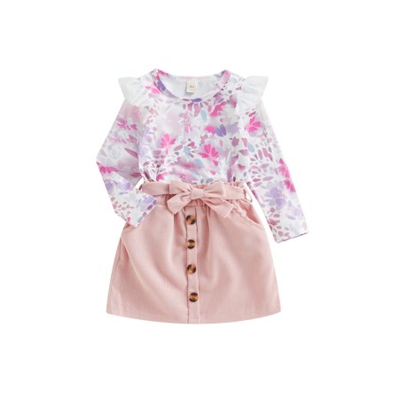 

Bagilaanoe 2Pcs Toddler Baby Girls Casual Outfits Flower Print Long Sleeve T-shirtTops + Mini Skirt with Belt 9M 12M 18M 24M 3T 4T Kids Skirt Set