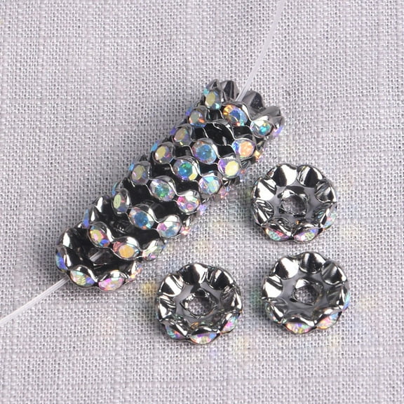 U8MO 50pcs Flat Round Rondelle 12mm Crystal Glass Rhinestones Metal Spacer Beads-Black AB