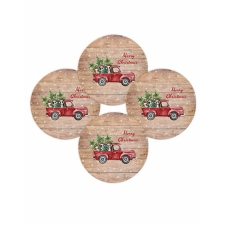 Christmas Round Placemats Set of 4 Red Truck Place Mats Washable Woven Placemat Farm Cow Pine Tree Snowflake Wooden Circle Braided Table Mat for Kitchen Dining Table Party Home Decor 15 Inch