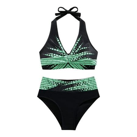 HSHMT Women s Cheeky Thong Bikini Set V Two Piece High Waisted Bikini Sets Drawstring Color Block Suspender Bathing Summer Beach Suit Swimsuits