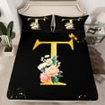 thumbnail image 2 of Homewish Gold Cartoon Monogrammed Bed Sheets for Female, Initial T Letter King Sheets, Groovy Rose Flower Sheet Set, Luxury Bedroom Decor, 4 Pieces, 2 of 7
