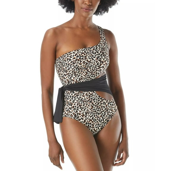 Vince Camuto BLACK Tanzania Cheetah One Shoulder 1 Pc Swimsuit, US 8, NWOT