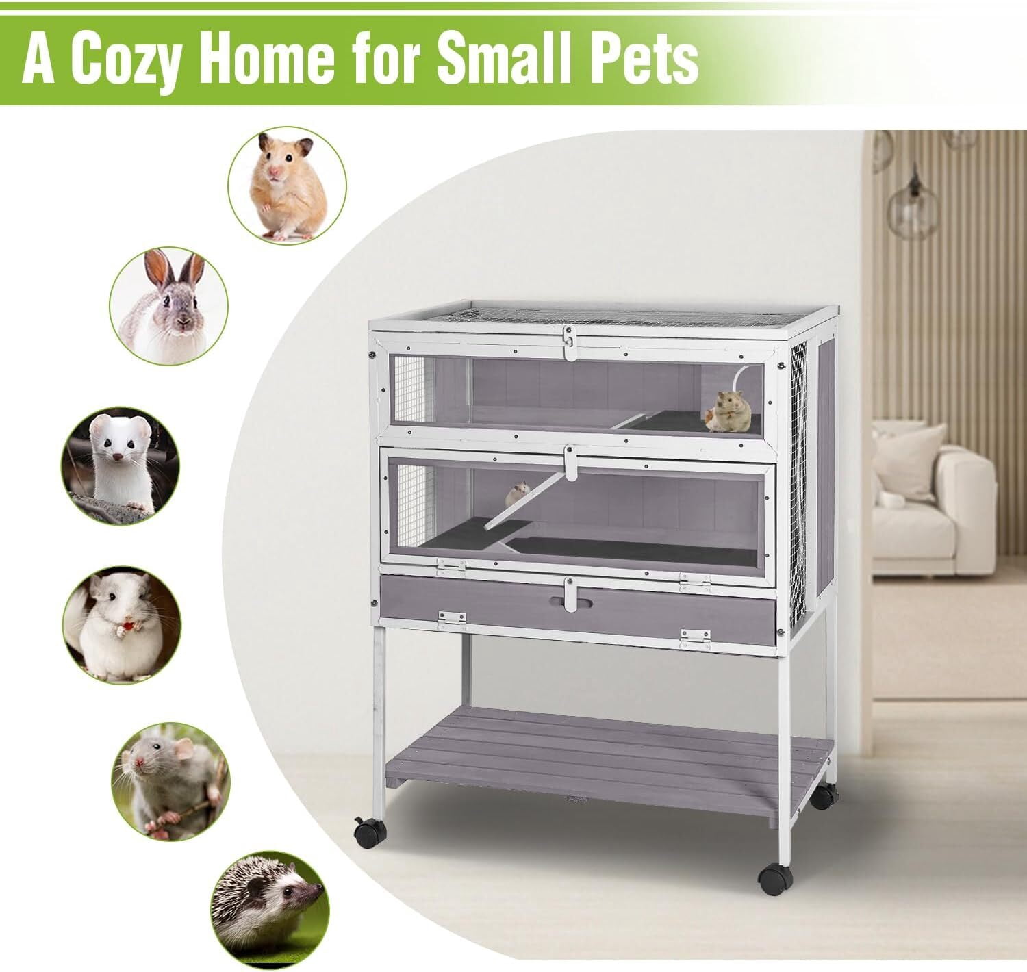 Aivituvin Guinea Pig Cage, Moveable Metal Frame Hamster Cage Anti-Chewing with Aluminium Alloy Edge, Hideouts, Ramps, Seesaws Chewing Toy, Deeper Pull-Out Leakproof Tray for Indoor Outdoor（White）