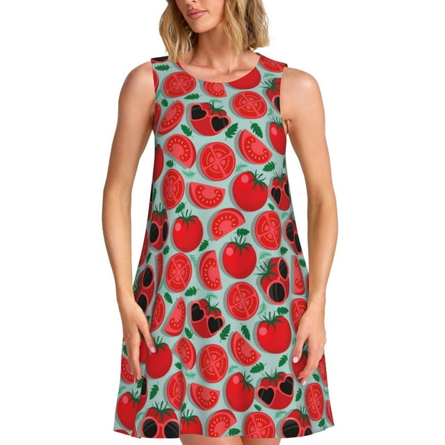 Wukai Robe Sans Manches Imprimé Tomate Mignonne pour Femmes, Robe Décontractée Ample pour Femmes, Robe d'Été Confortable Sans Manches