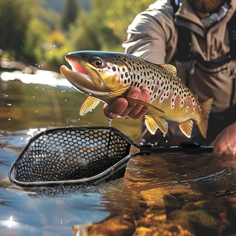 Collapsible Fly Fishing Landing Net with Soft Rubber Mesh, Safe Catch & Release Design, Aluminum Alloy Frame, Comfort EVA Handle and Durable Carabiner