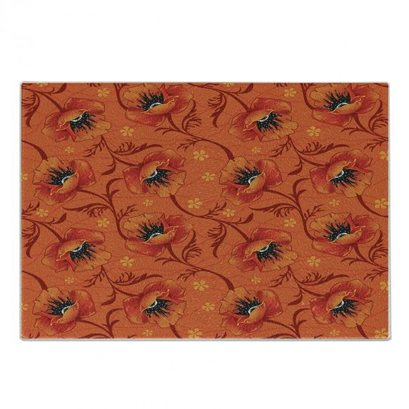 Orange Cutting Board, Poppy Flower Series Blossoms Romance Bohemian Design Print, Decorative Tempered Glass Cutting and Serving Board, Small Size, Burnt Orange Yellow, by Ambesonne