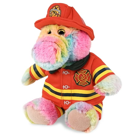DolliBu Alligator Firefighter Stuffed Animal - Rainbow Sitting Alligator Fireman Toy with Red Fireman Costume Outfit and Fireman Hat Cute Stuffed Animal Fire Fighter Doll Plush Toy for Kids - 9 Inch