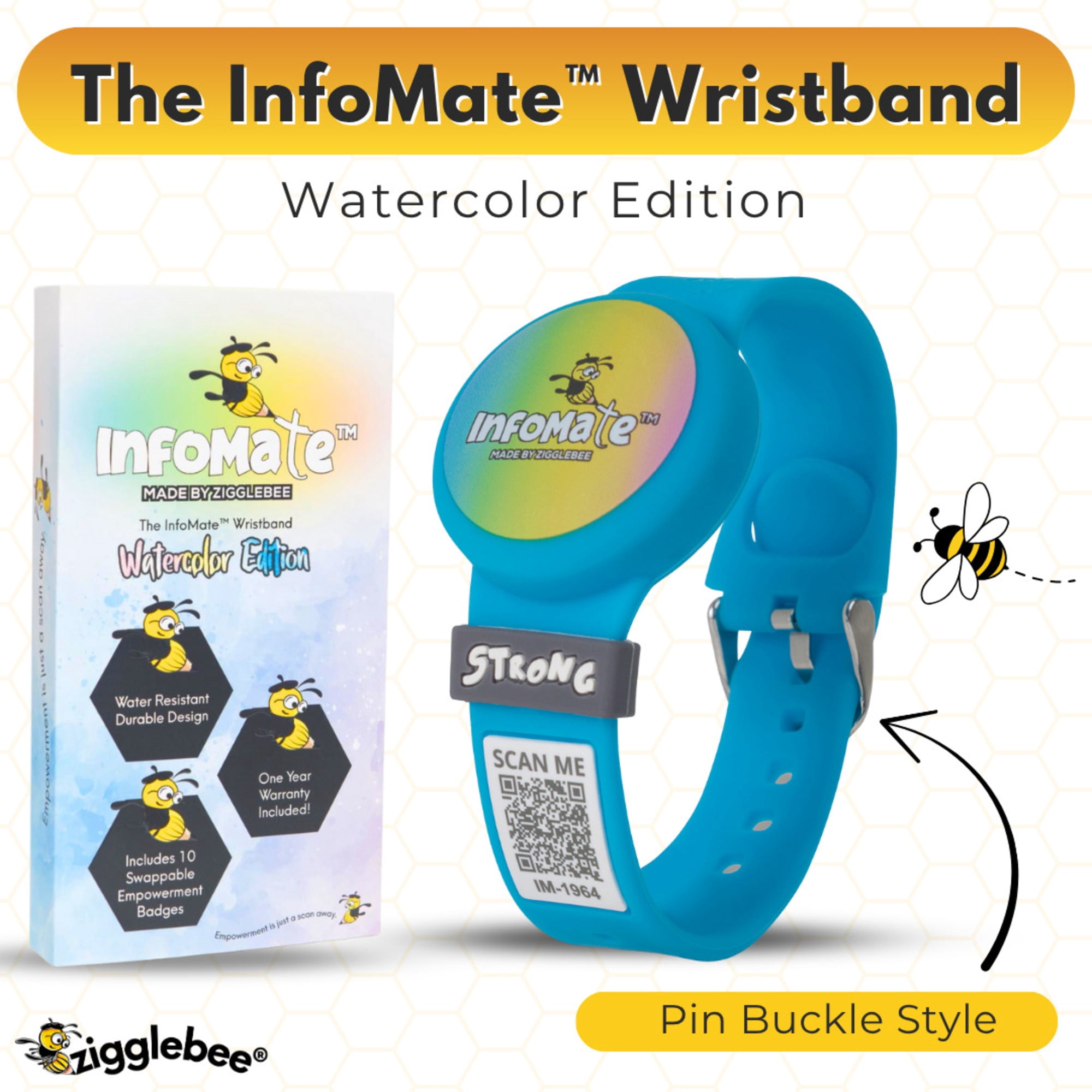 InfoMate by Zigglebee QR Code Medical Bracelet and AirTag Holder Wristband, Ocean Blue, Pin Buckle