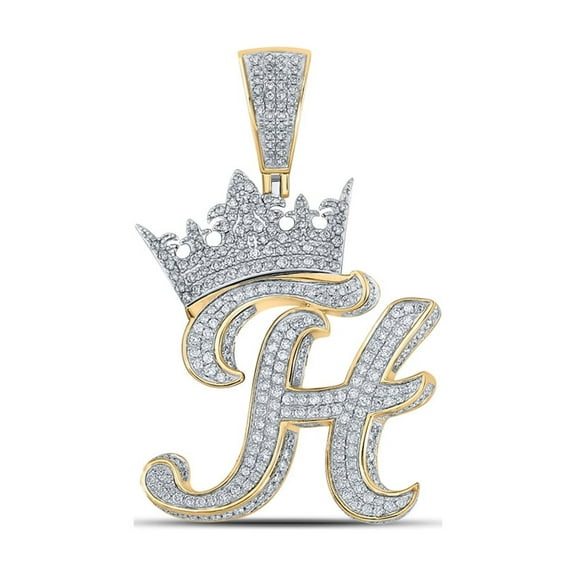 10kt Two-tone Gold Mens Round Diamond Crown H Letter Charm Pendant 1-7/8 Cttw